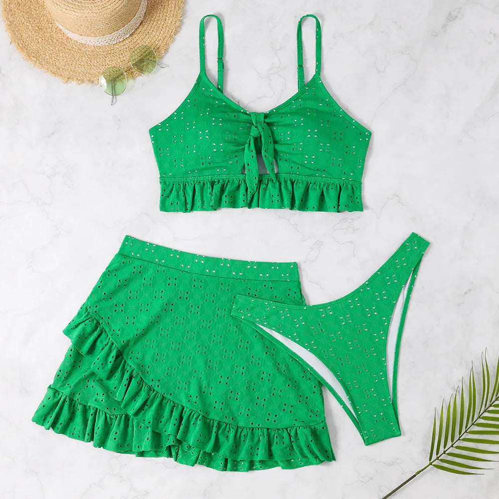Women's solid colour three-piece bikini set with split hip skirt in multiple colour options