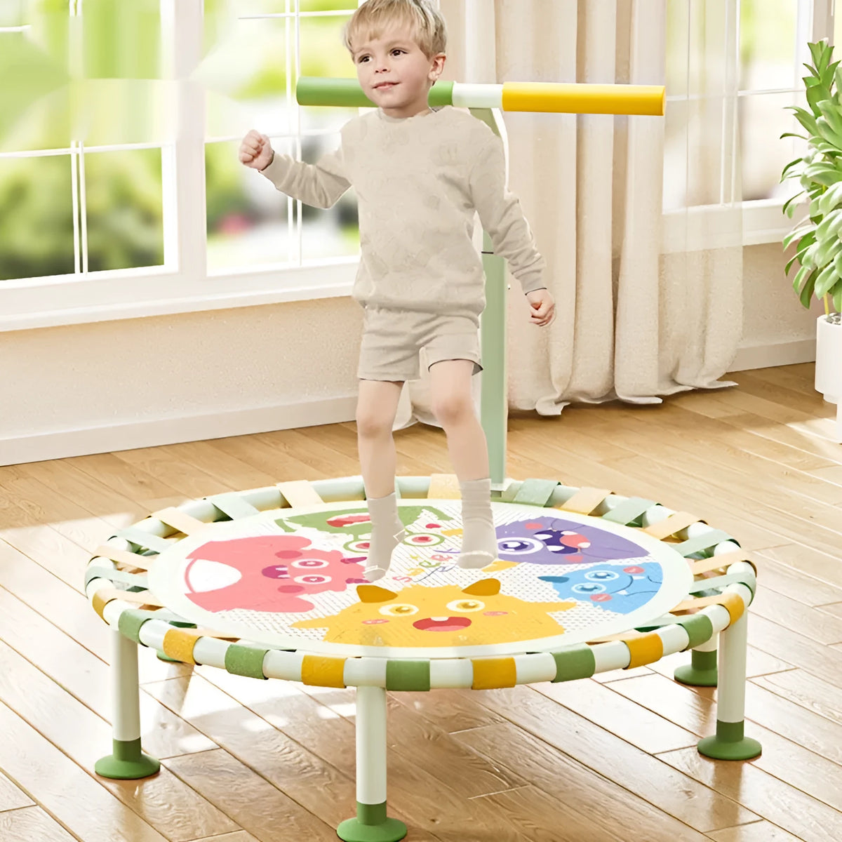 Foldable children's indoor trampoline with alloy frame and Little Monster Park shape, one bounce bed included