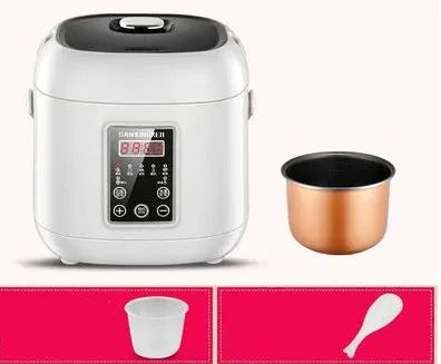 Compact round miniature rice cooker with steam pan and non-stick liner for one to two person cooking