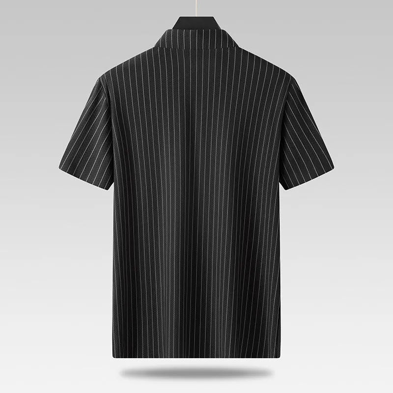 Man wearing a black and khaki striped loose-fit plus size casual shirt with a square collar.