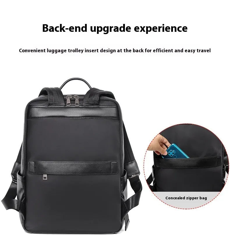 Men's black leather computer backpack with woven design and large capacity