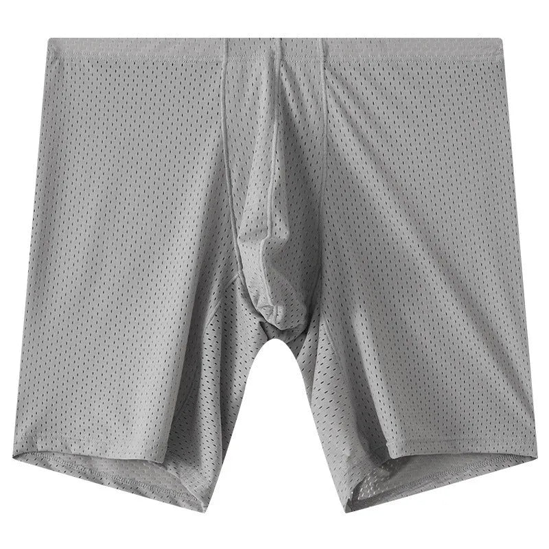 Men's mesh transparent lengthened boxers in black, mid waist nylon knit sports underwear