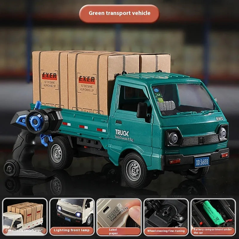 2.4G remote control city truck with spray and sound effect, plastic toy in blue, white, or green for ages 7-14