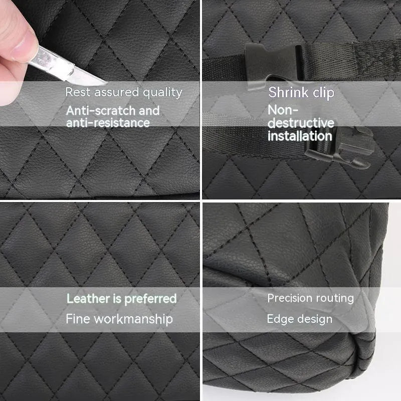 Leather car hanging storage bag and trash can in black colour, 25cm square with 8cm depth