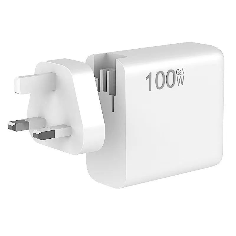 White 100W gallium nitride wall charger with Type-C and USB output, 20V5A max