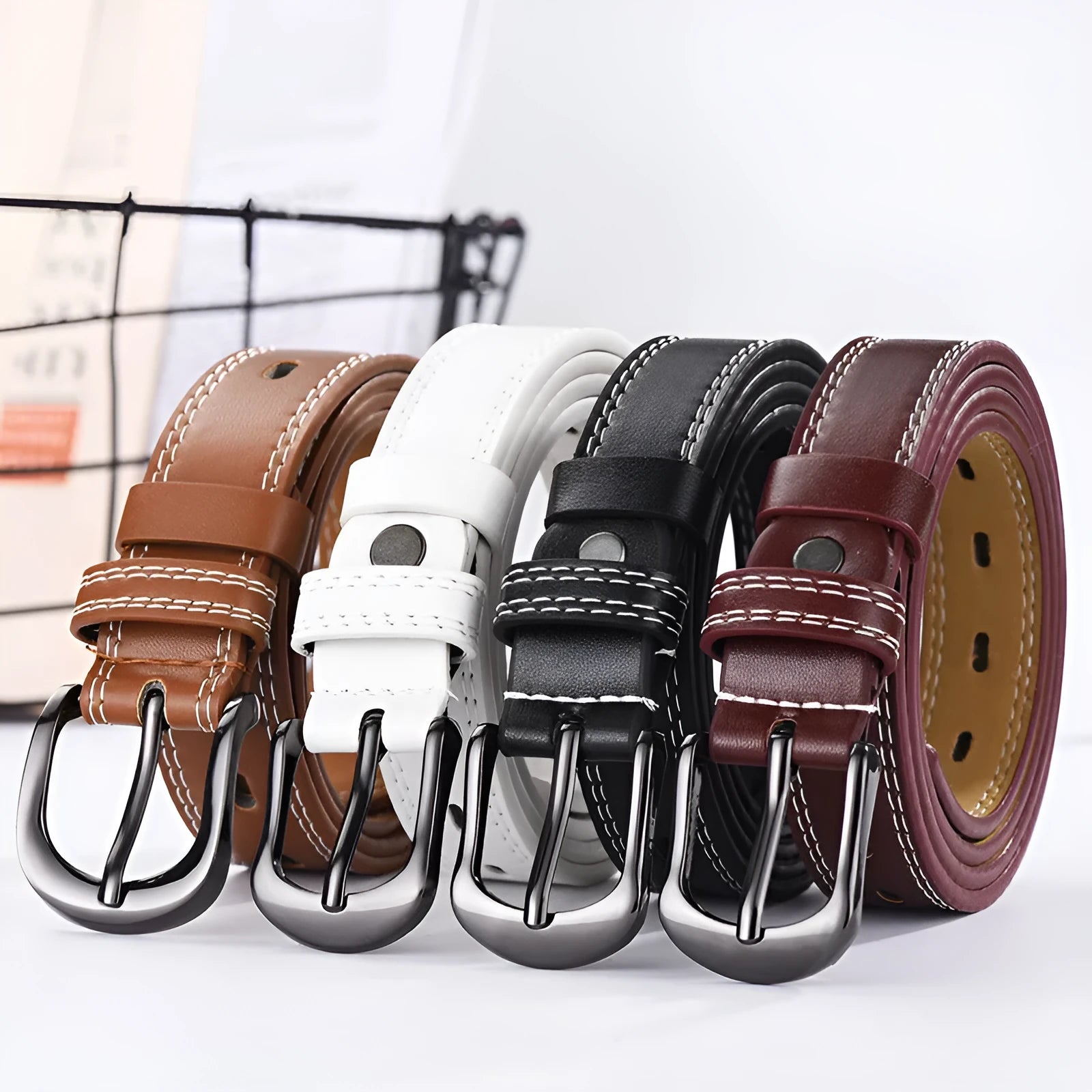 Unisex hollow-out PU faux leather belt 105cm long with square alloy pin buckle in khaki colour