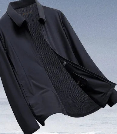 Men's navy blue lapel-collar business shirt for summer, made from nylon and spandex ice silk fabric.