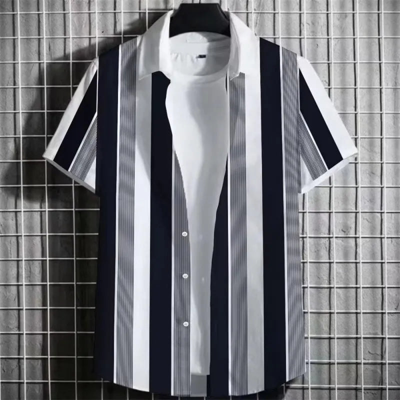 Men's linen short sleeve T-shirt with a 3D printed striped pattern, shown in multiple colour options.