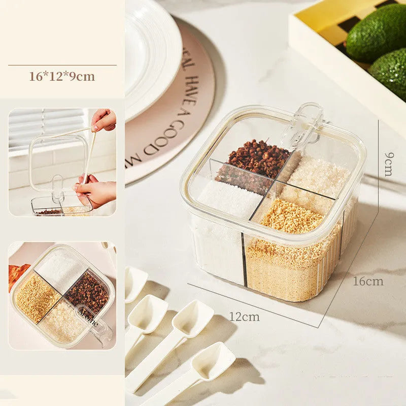 Plastic 360-degree rotating kitchen storage organiser with four compartments holding cutlery and a spice box
