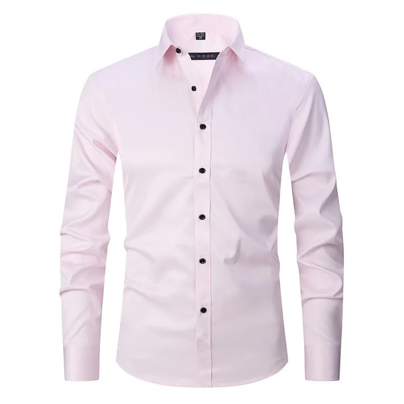 Men's stretch long sleeve work shirt in polyester fabric showing front view with size options