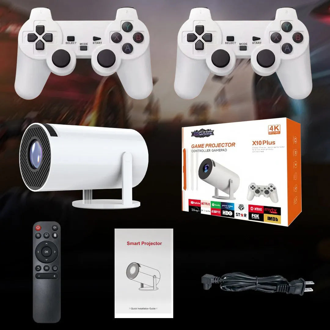 White Barrel X10 PLUS portable smart projector with gamepad and remote control on flat surface