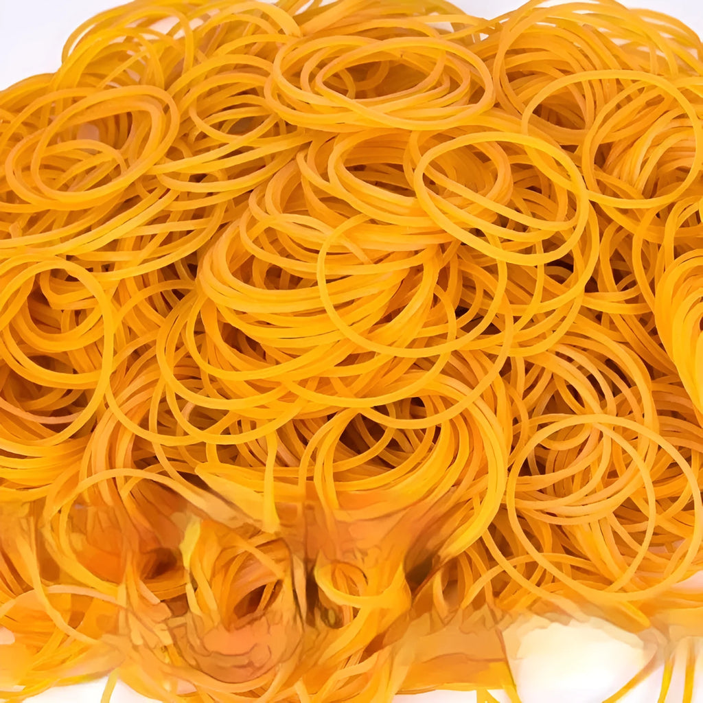 500g bag of assorted yellow rubber bands showing multiple diameters from 16mm to 70mm
