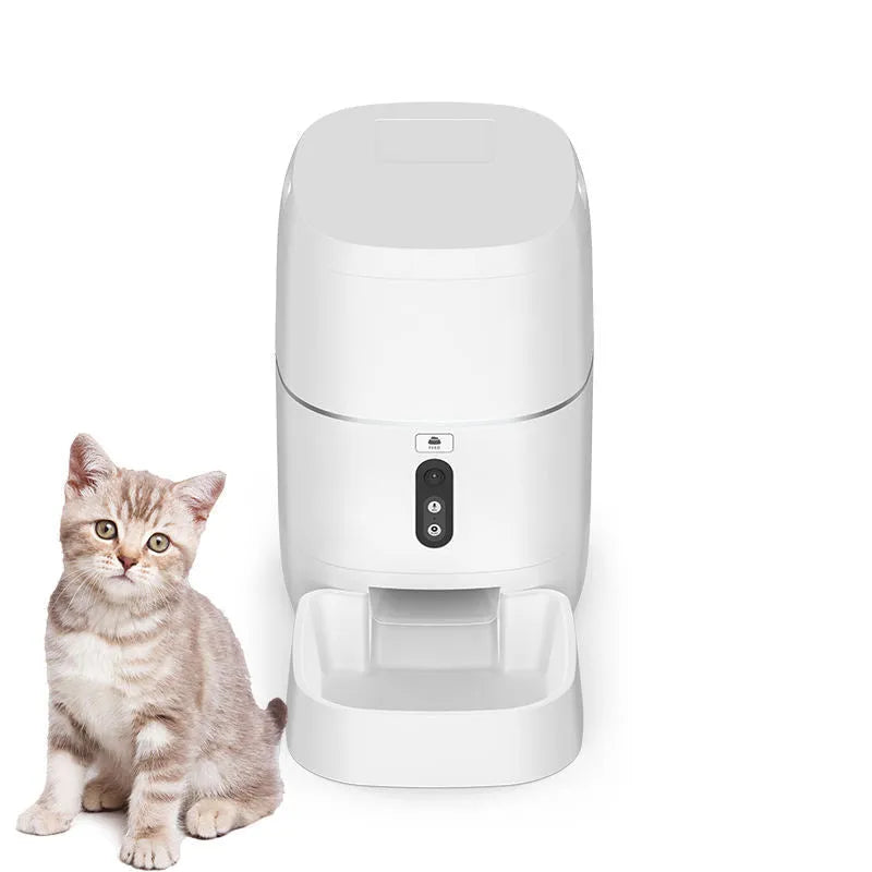 White smart pet automatic feeder with voice and video versions, ABS material, 207x207x339mm package size, 220V US