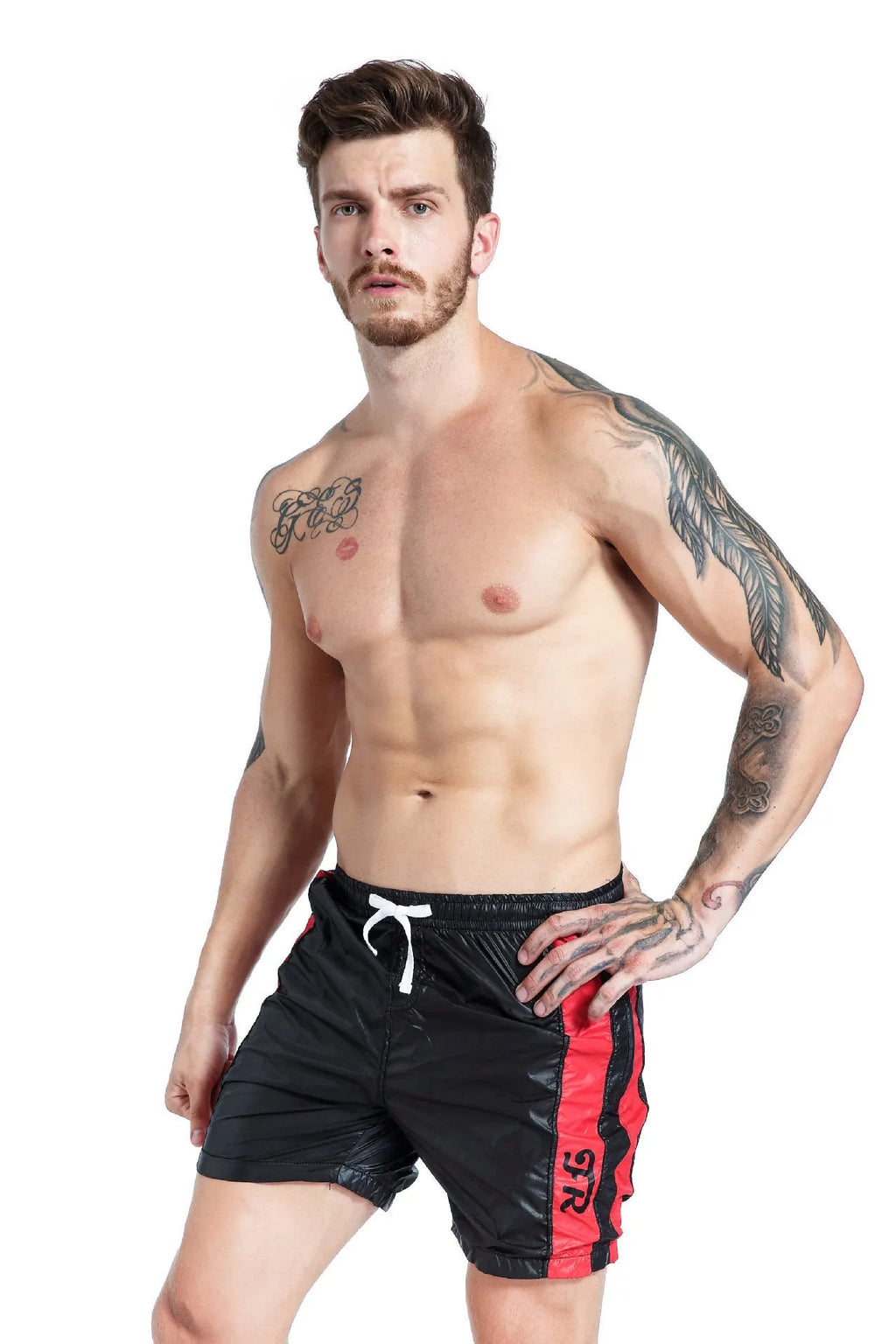 Men's blue slim-fit sports shorts with lace-up detail and integrated padding