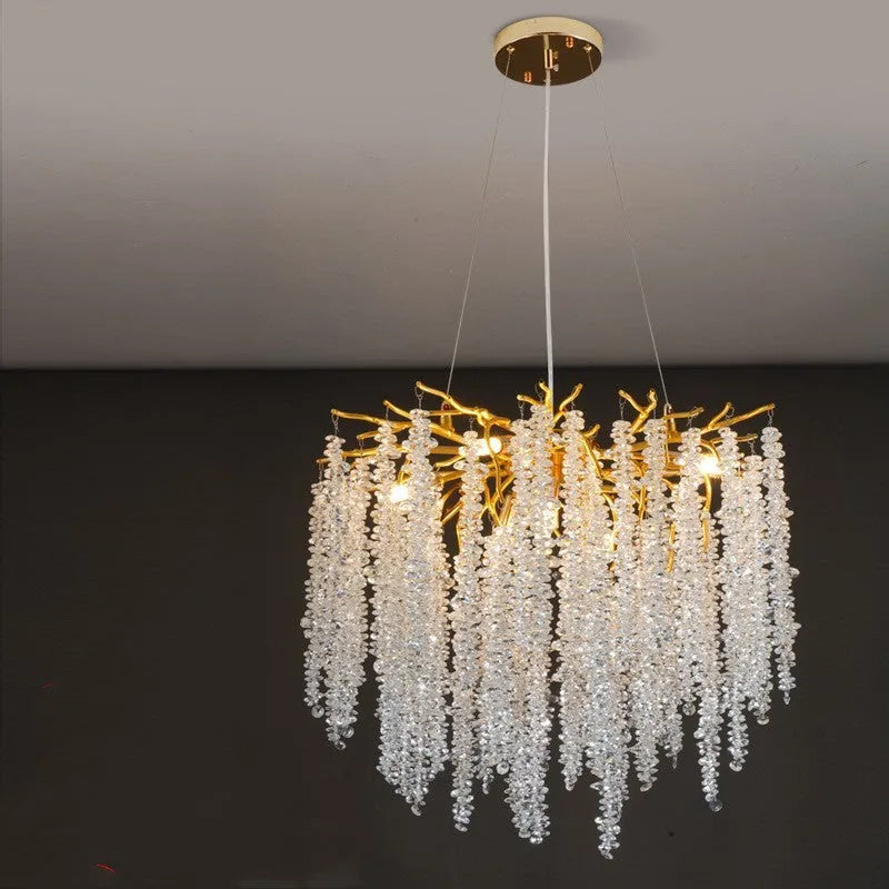 Aluminium alloy crystal chandelier with LED lights in multiple round and long style sizes.