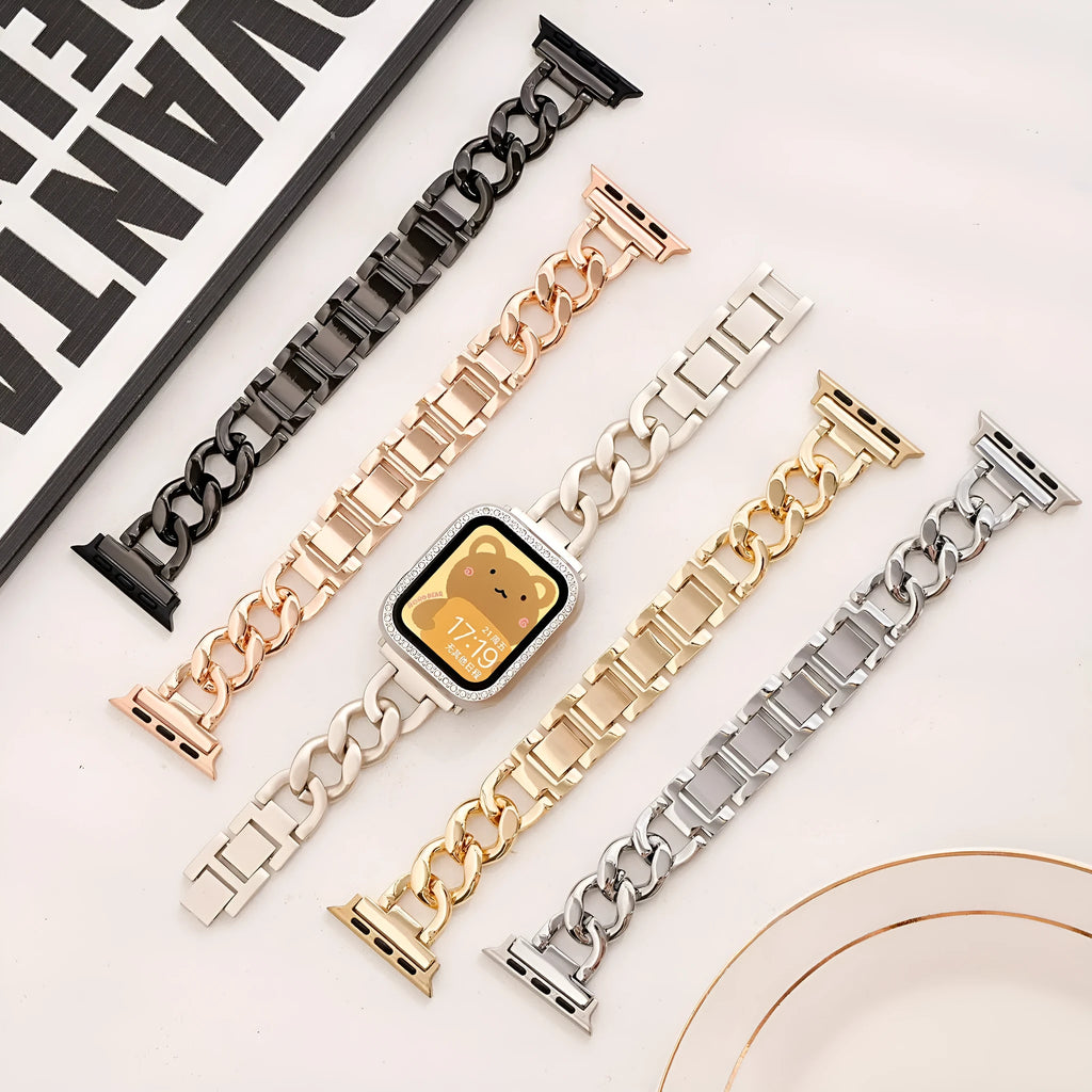 Metal denim chain design Apple Watch strap in silver, black, gold, rose gold and Starlight colours for 38mm to 49mm models.