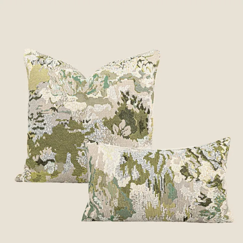Antique green wool blend pillow case with abstract plant and flower pattern, shown in 50×50cm square size.