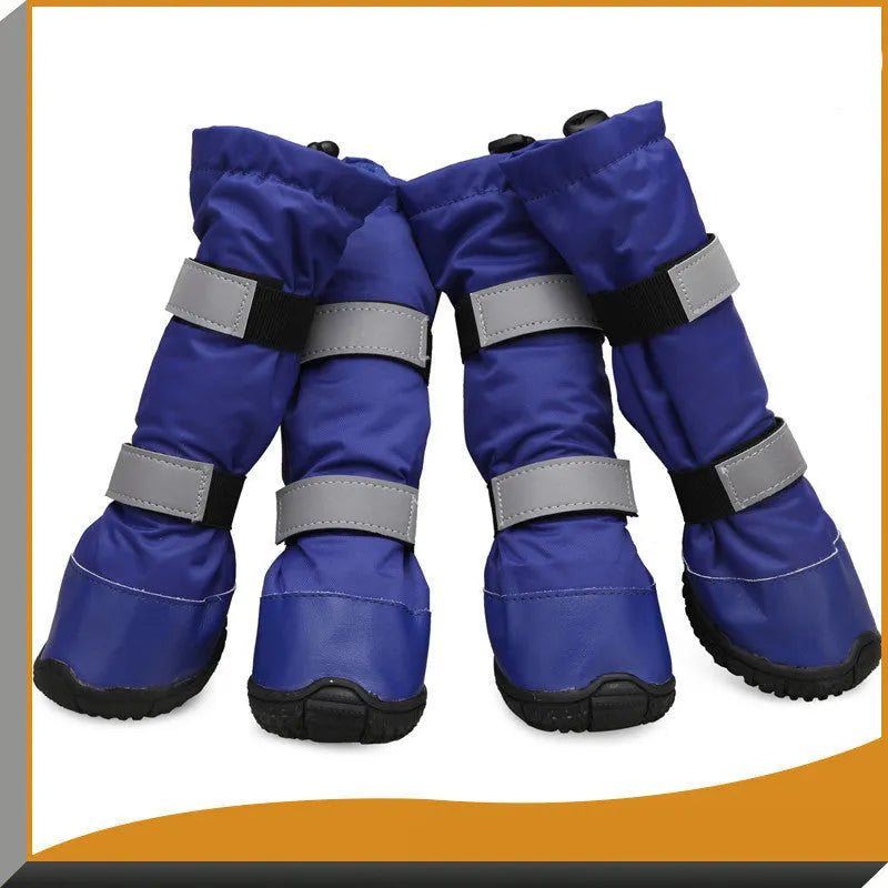 Waterproof dog rain boots with flannel lining and reflective straps, available in blue black red sizes XS to XXL