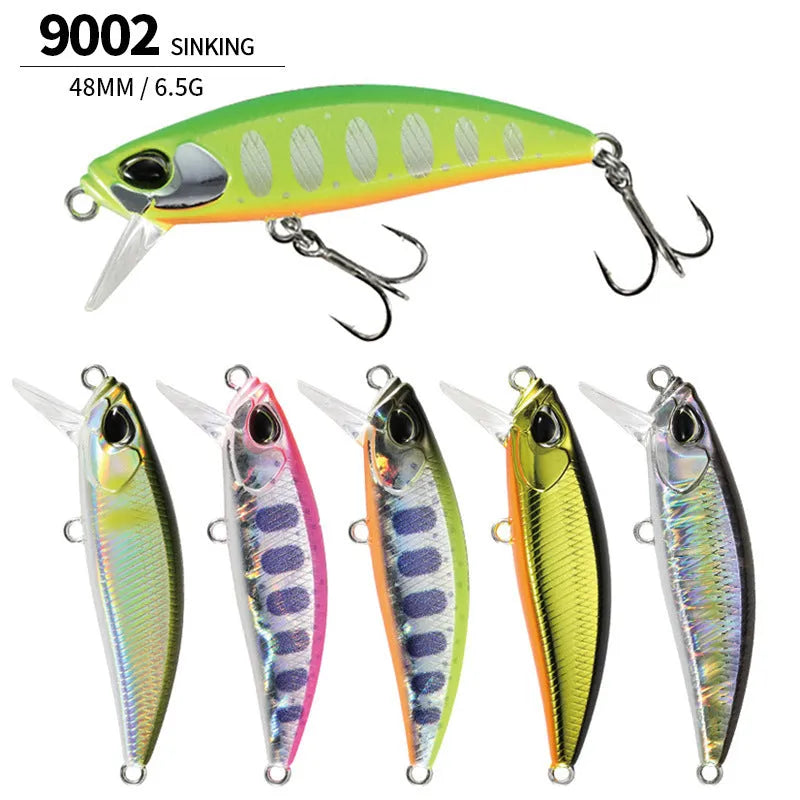 Tossing Japanese Submerged Mino fishing lure in a selection of colours, showing 48mm length and integrated hooks.
