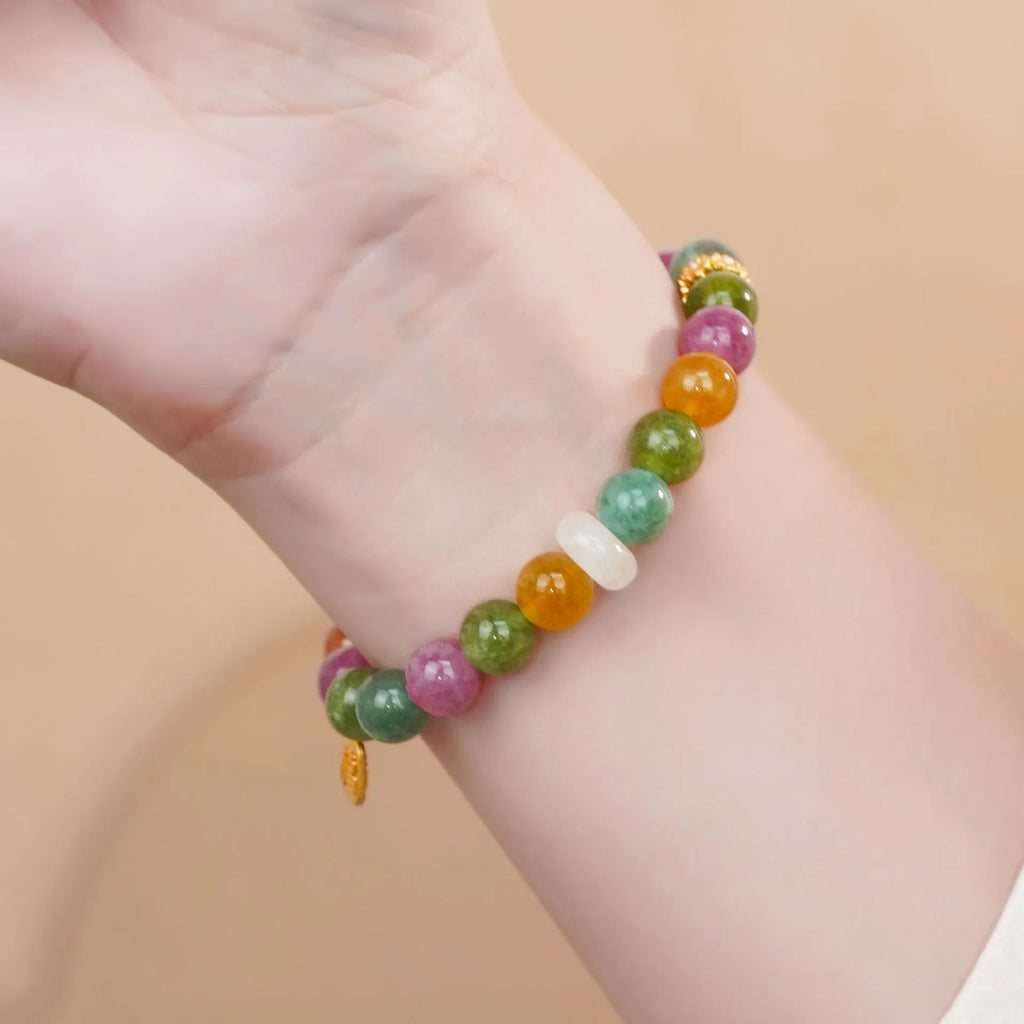 Women's tourmaline bracelet with natural jade rainbow colours and half bracelet pith construction