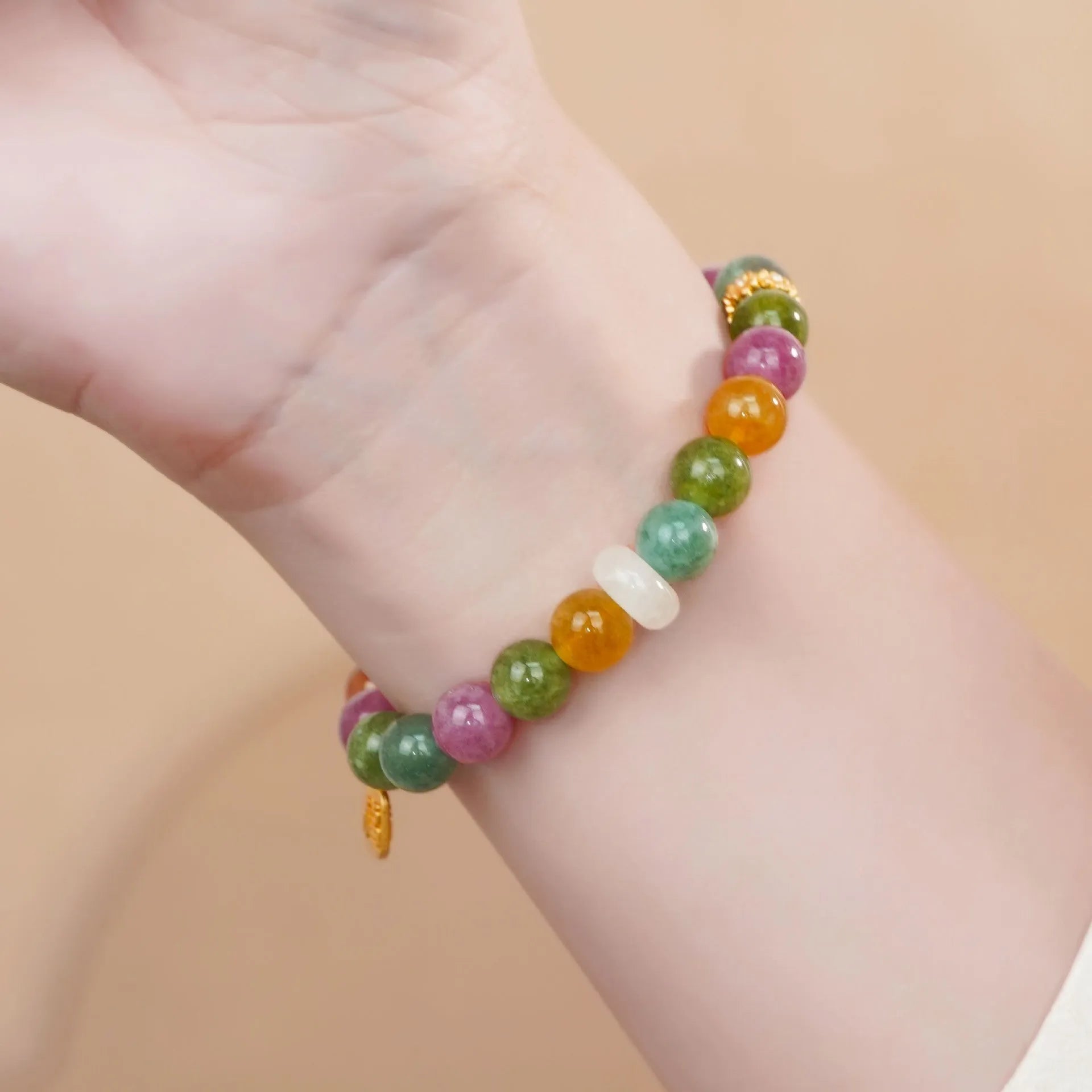 Women's tourmaline bracelet with natural jade rainbow colours and half bracelet pith construction