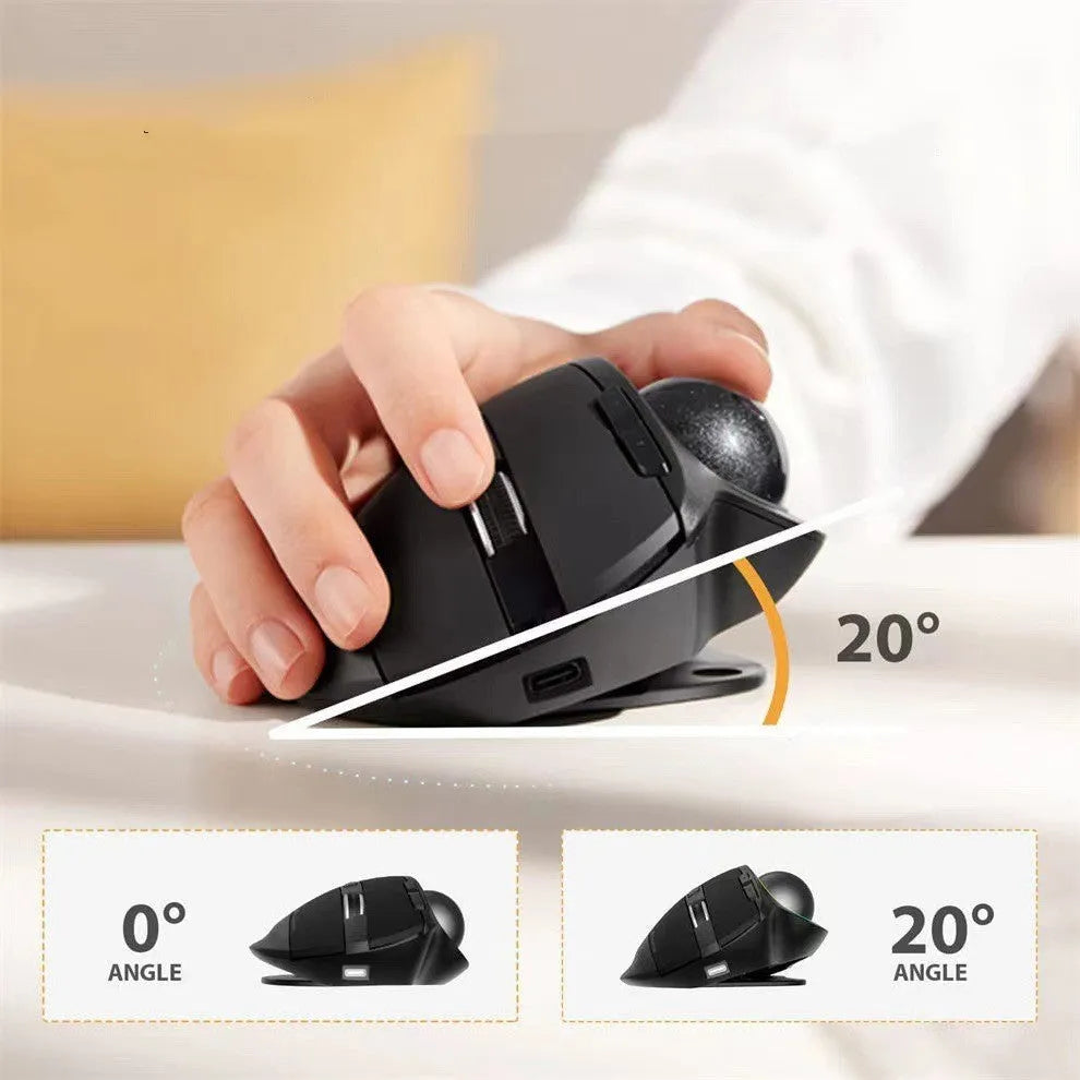 Black wireless trackball mouse with dual-mode 2.4G Bluetooth, rechargeable, luminous accent, 2400 DPI, 13x20x6cm