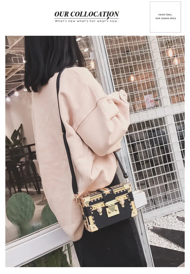 Women's hard-shell PU shoulder and crossbody handbag with hasp closure in black or green.
