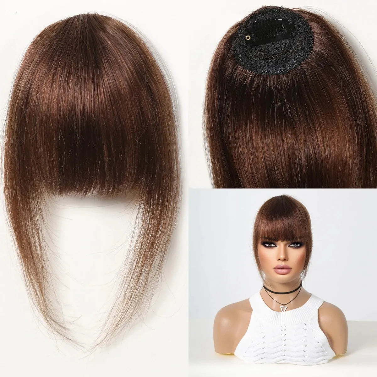 Long curly wig with bangs set in black high-temperature fibre for any face type
