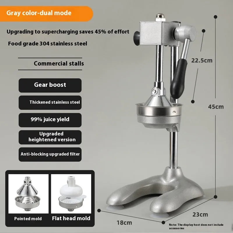 Vertical stainless steel manual citrus juicer shown in selected colour with chosen head style: pointed, flat, or double.
