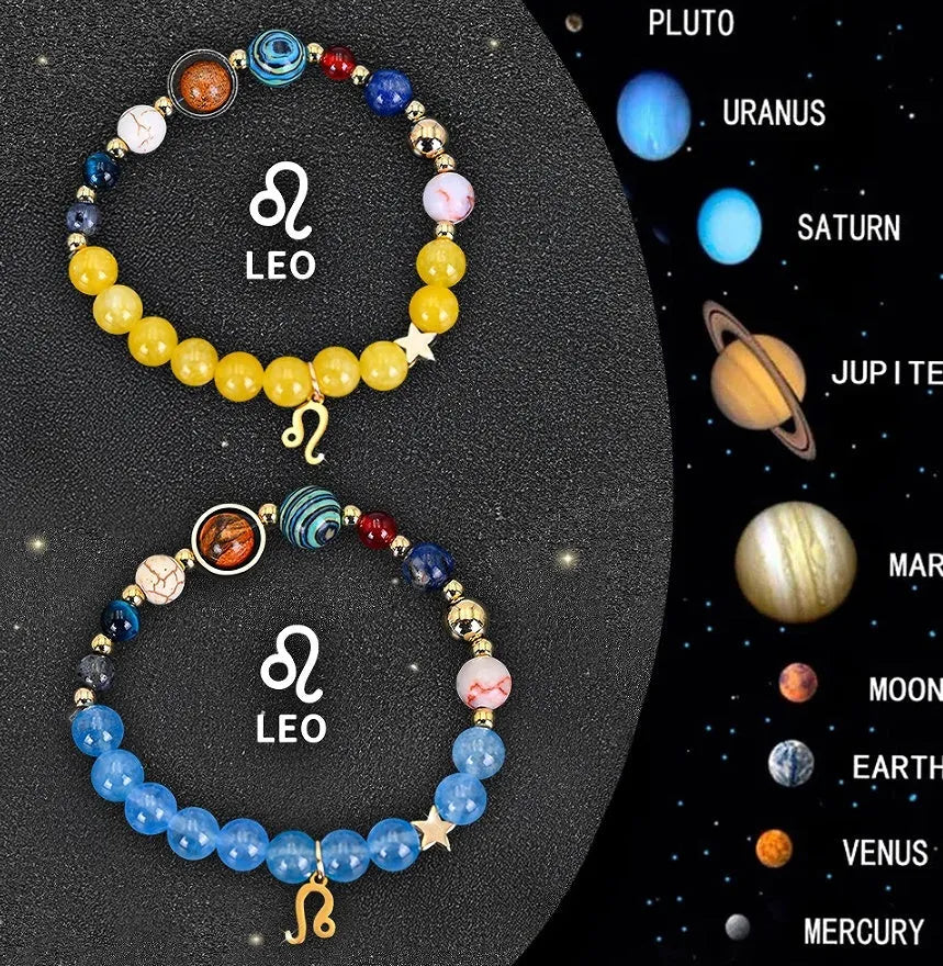 Twelve zodiac sign natural stone beaded bracelets showing different astrology designs