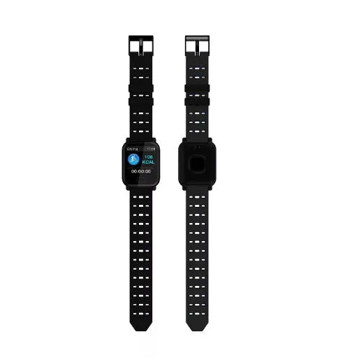 A6 smart fitness tracker with colour screen and blue silicone strap on a wrist