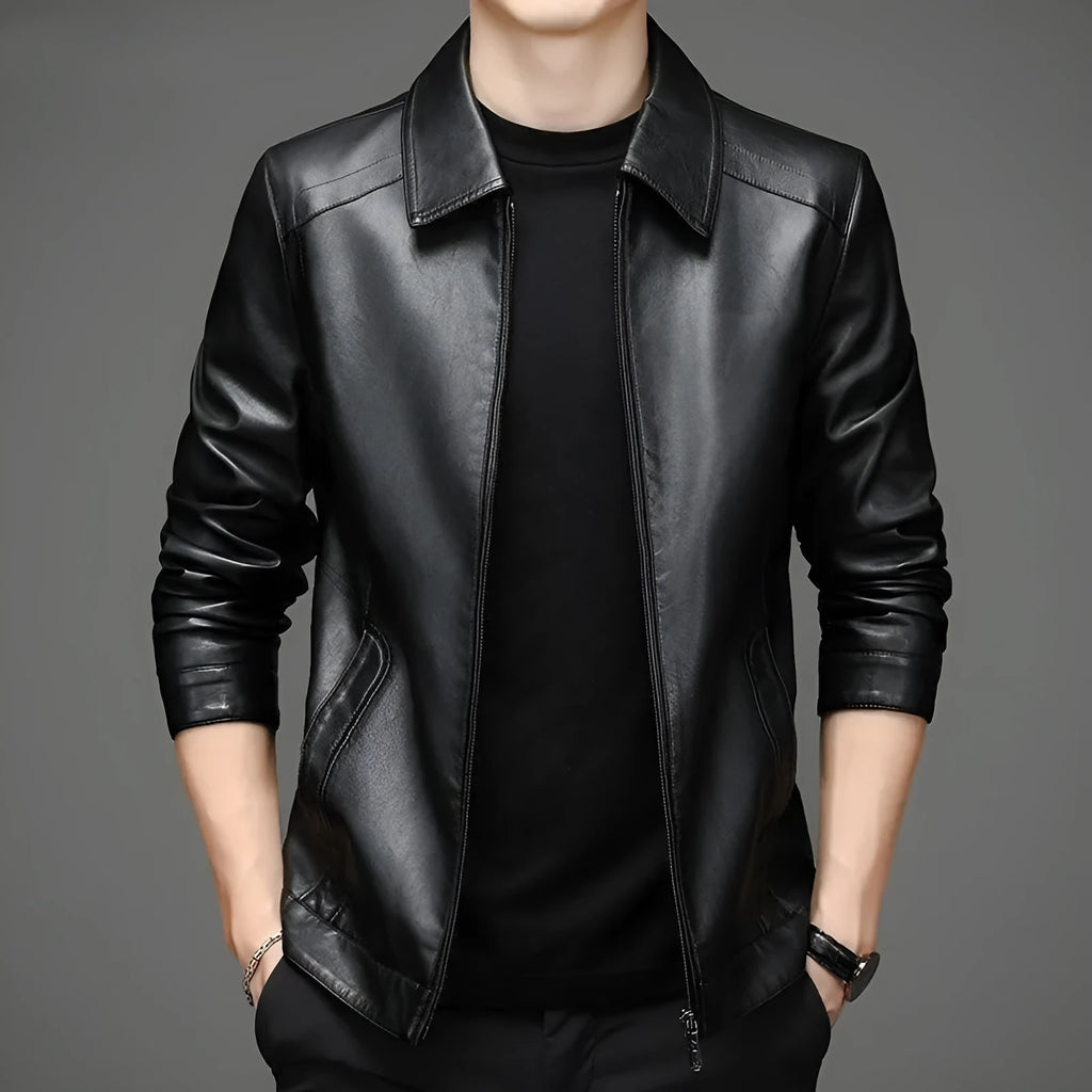 Genuine leather jacket with thin fleece lining in brown colour-block lapel design for men