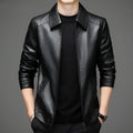 Genuine leather jacket with thin fleece lining in brown colour-block lapel design for men