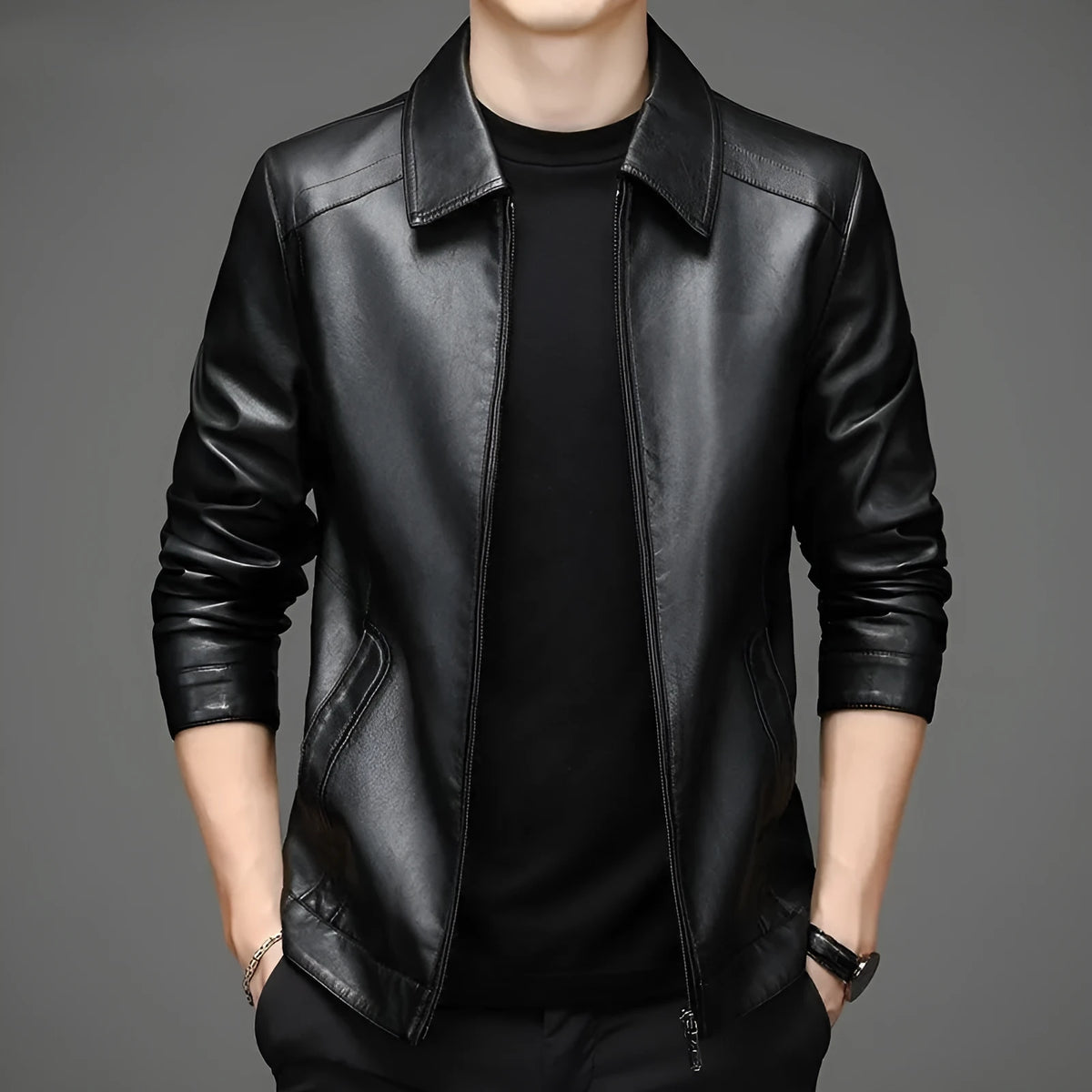 Genuine leather jacket with thin fleece lining in brown colour-block lapel design for men