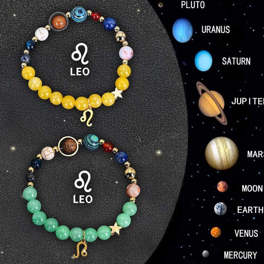Two natural stone bead bracelets showing zodiac symbols on adjustable straps
