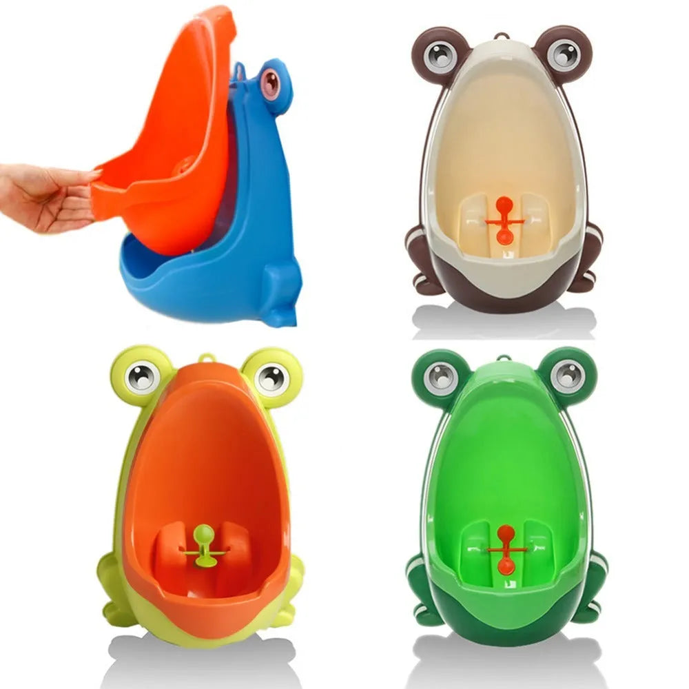 Ergonomic frog-shaped children baby potty toilet with rotating windmill in yellow and green, adjustable sucker, and large capacity