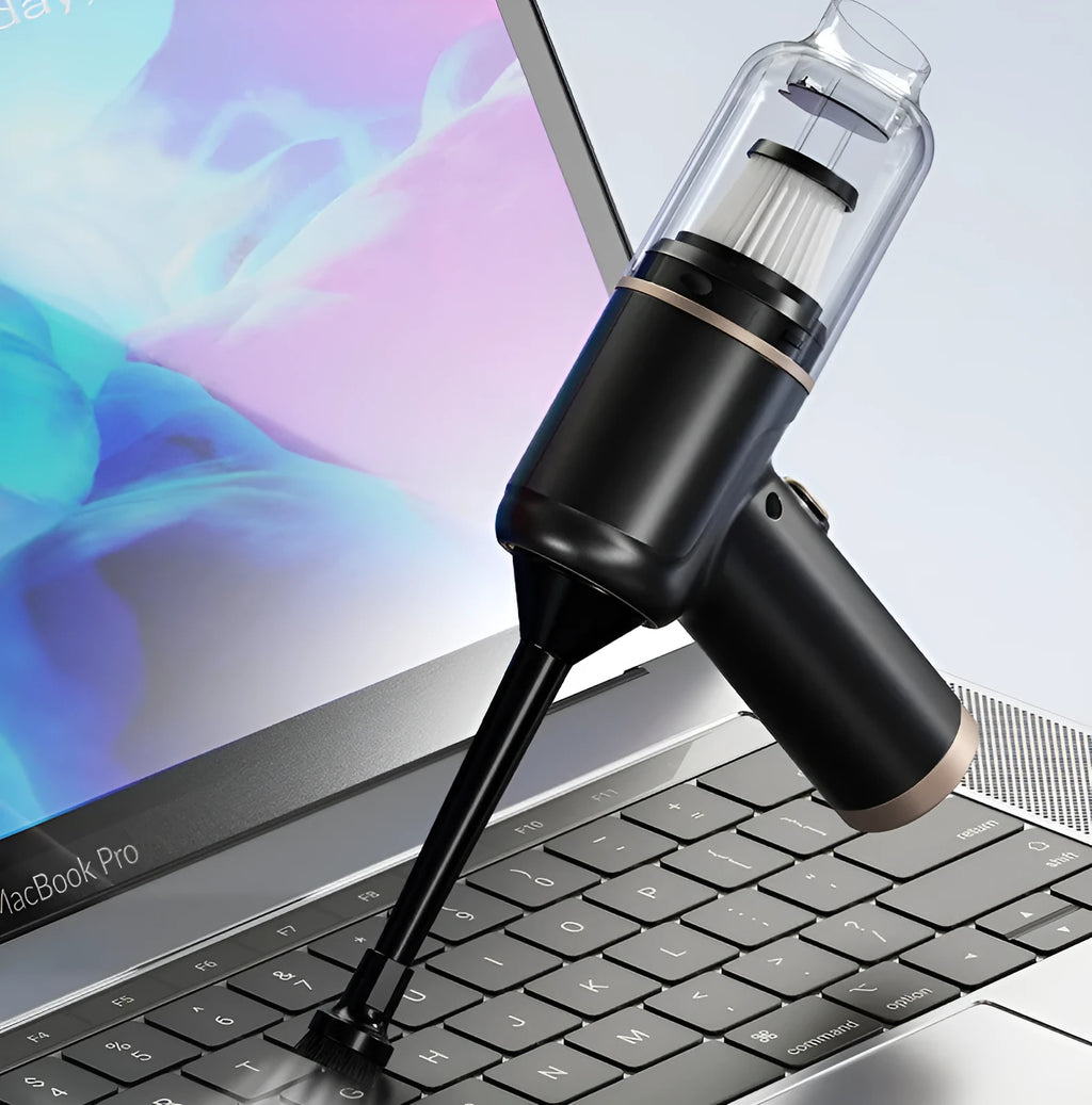 Black wireless handheld vacuum cleaner with multiple nozzle attachments for car and home use.