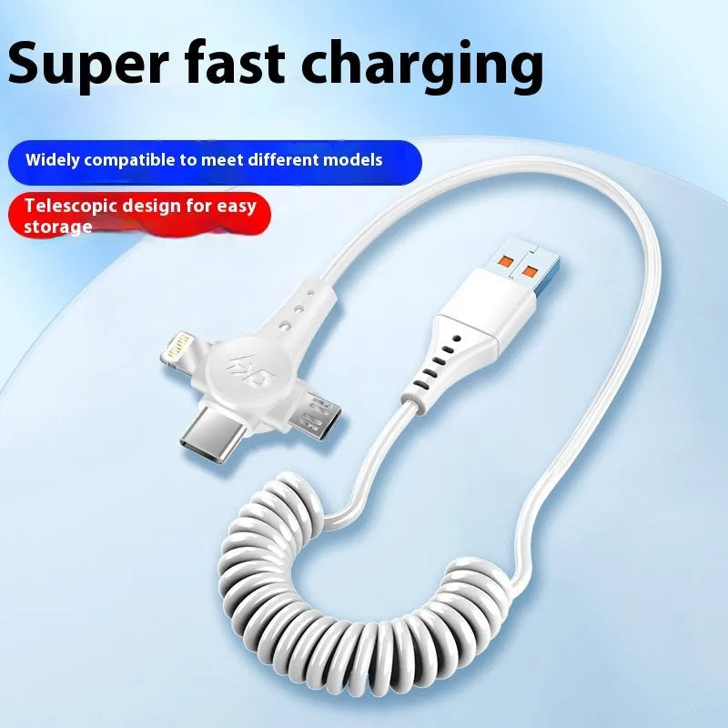 Black telescopic three-in-one charging cable with USB-C, Micro USB and Lightning connectors extended to full length