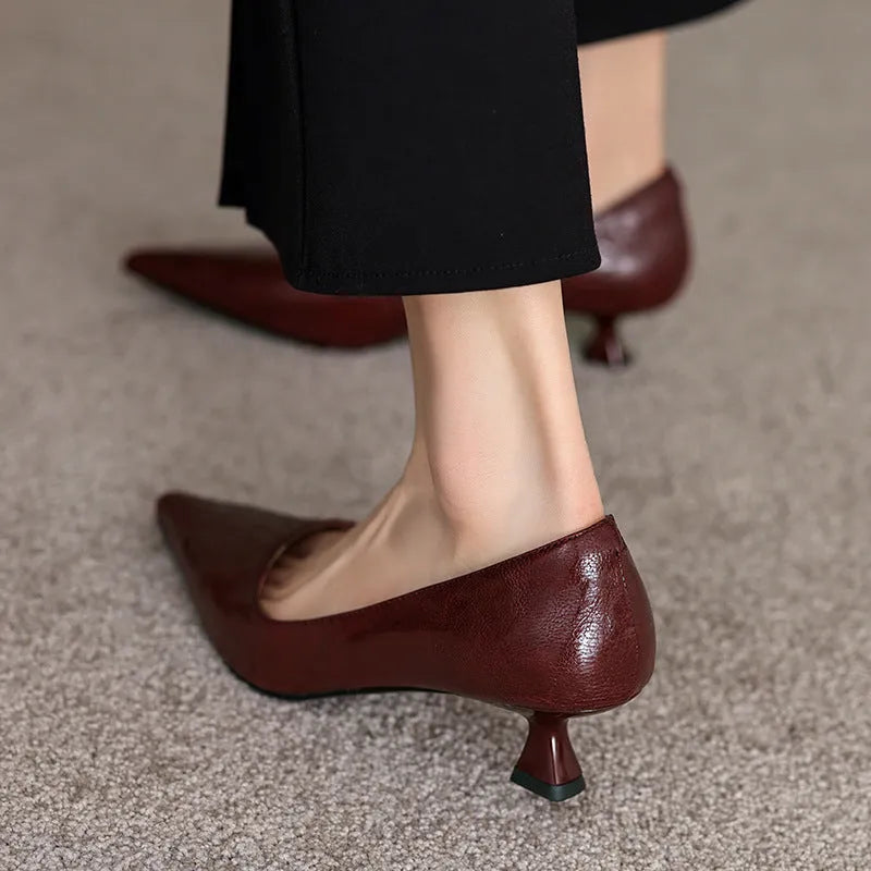 Women's solid colour pointed-toe mid heel pumps with cowhide upper, sheepskin lining, 3CM stiletto heel, rubber sole