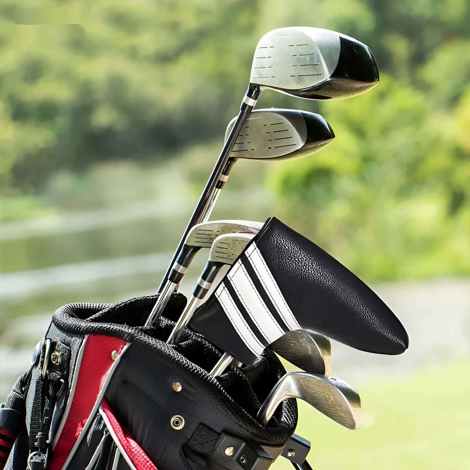 Black PU leather golf push rod case with a zipper, shown holding a club head cover.