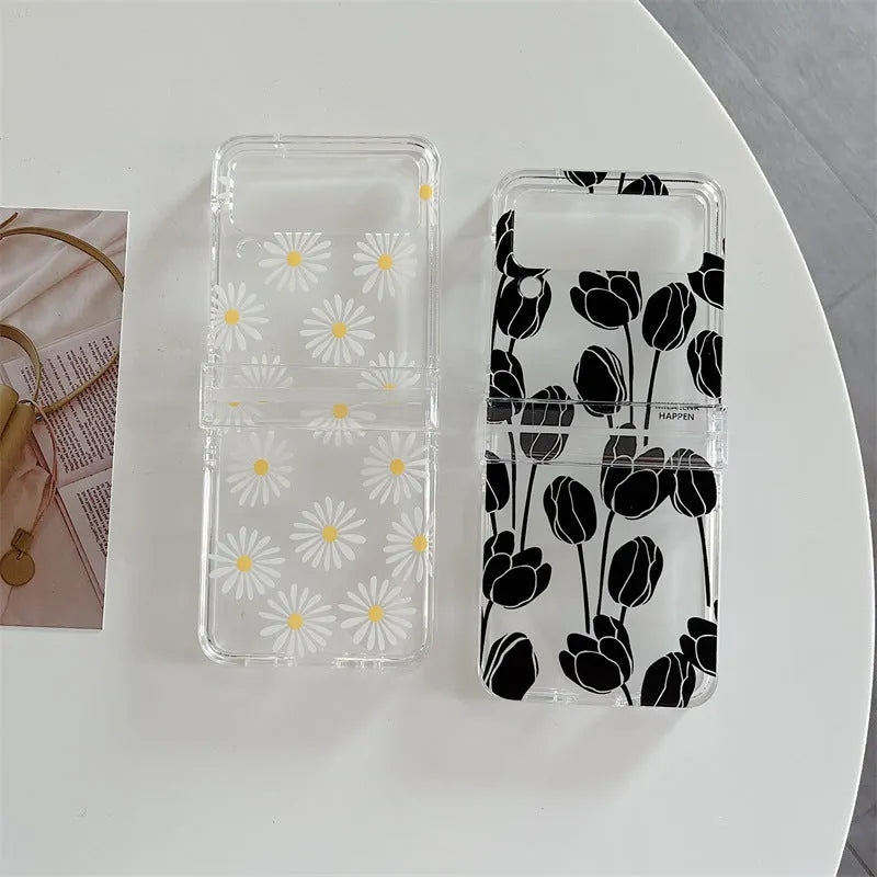 Flower pattern phone case for Samsung Z Flip folding phone in daisy or tulip design