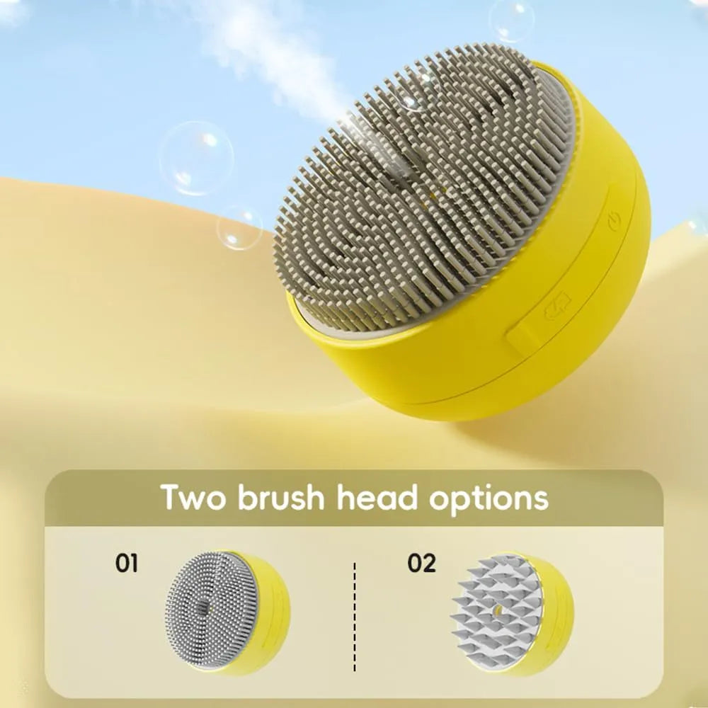 Green and yellow rechargeable 3-in-1 silicone steam brush for grooming cats and dogs.