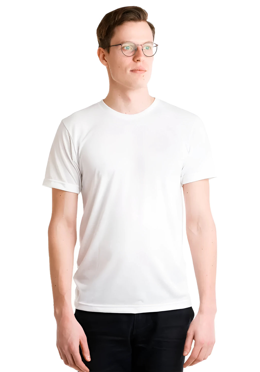 Blank custom sublimation t-shirt in white 100% polyester front view
