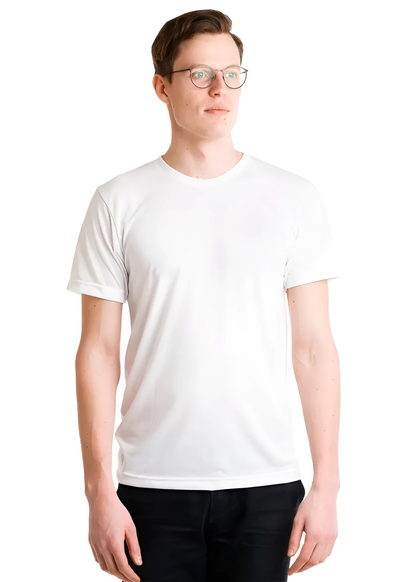 Blank custom sublimation t-shirt in white 100% polyester front view