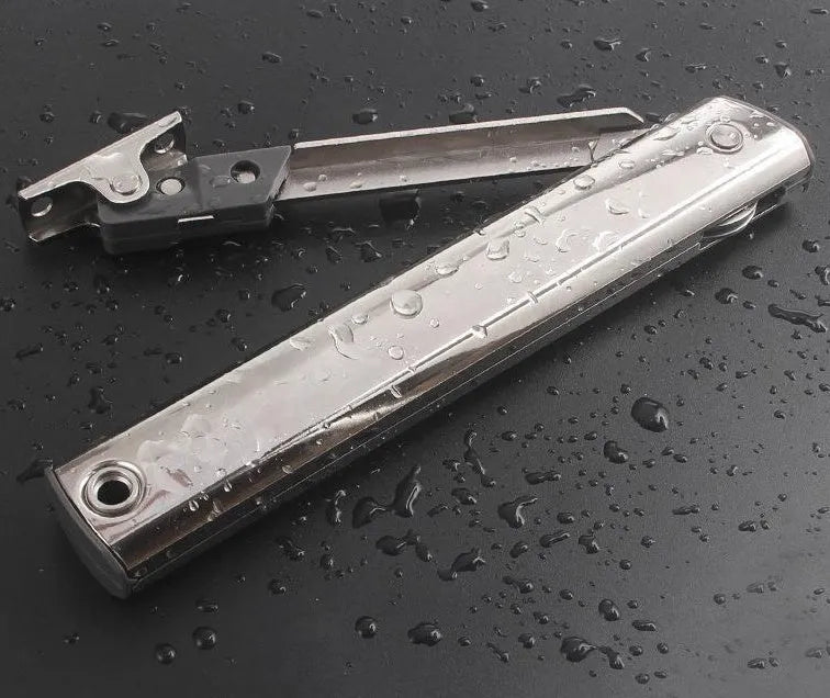 Cold rolled steel cabinet door support rod with spring mechanism for flap-up doors.