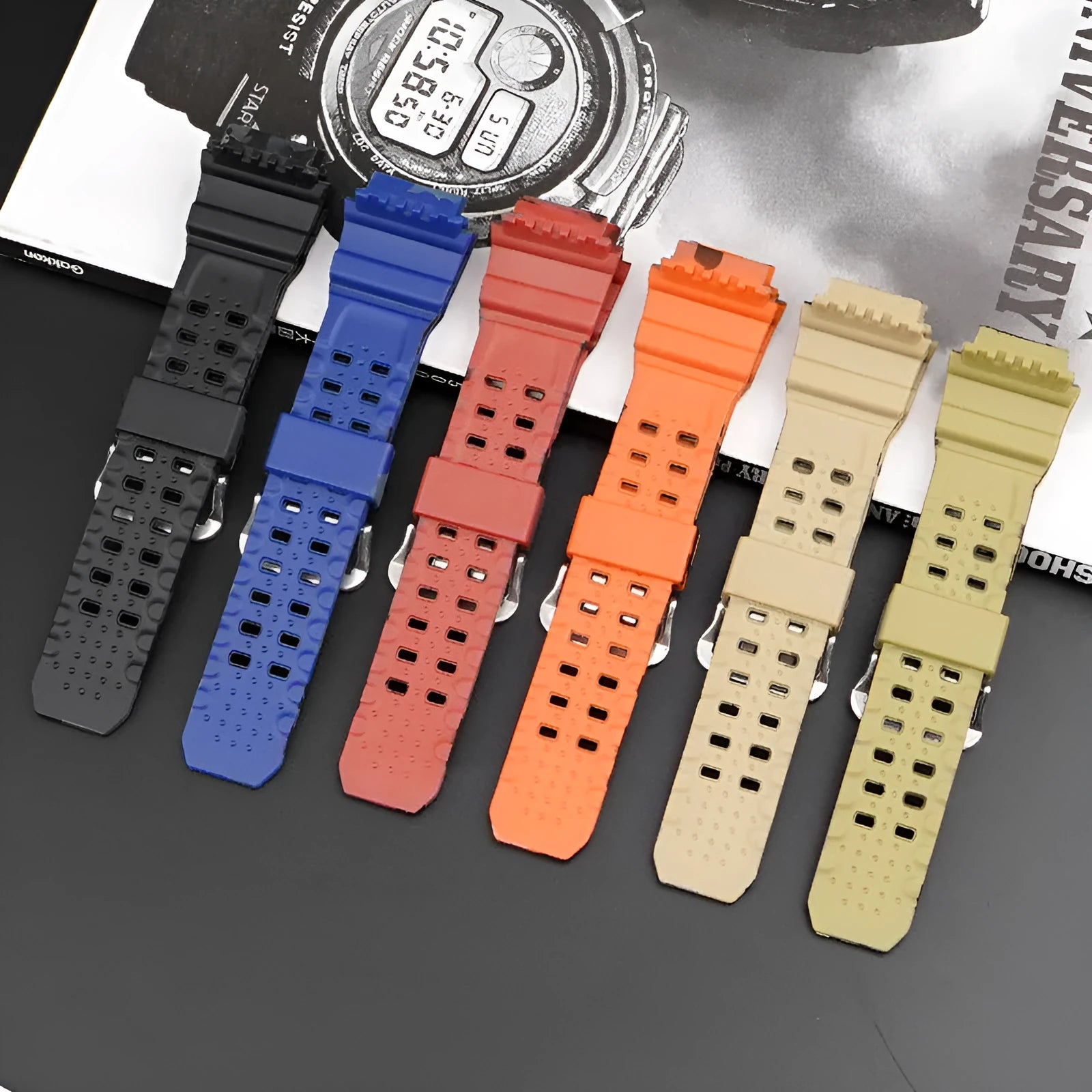 Camouflage patterned TPU watch strap with silver buckle, showing 12+7 cm length