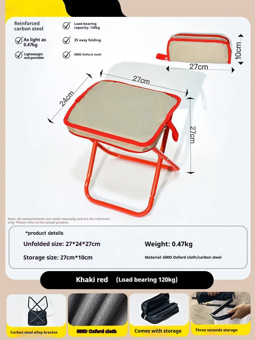 A folded Oxford cloth camping stool in khaki with its attached crossbody carry bag, shown next to an unfolded version.