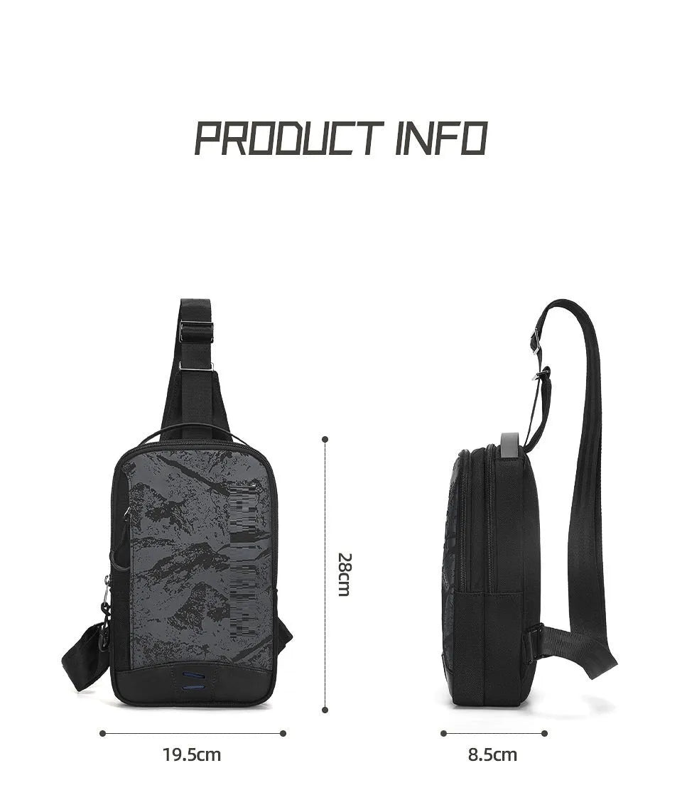 Casual black TPU camouflage chest bag with adjustable strap and front sandwich pocket on a person.