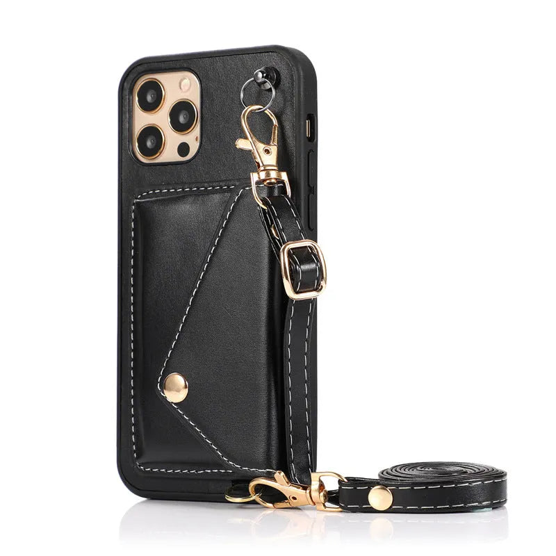Embossed imitation leather phone case with raised card holder and detachable crossbody rope for iPhone
