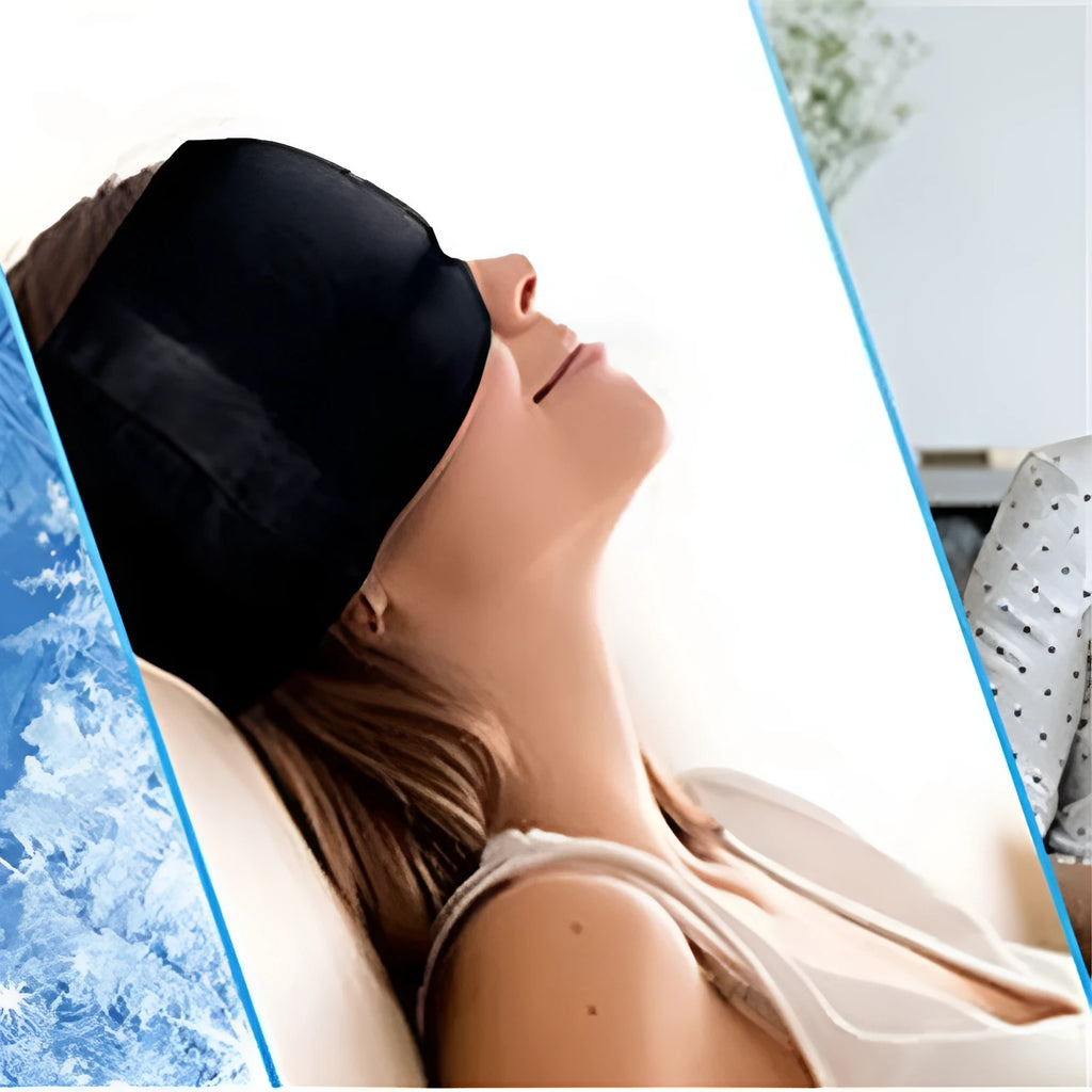 Black elastic gel eye mask for headache relief showing 22x17 cm dimensions